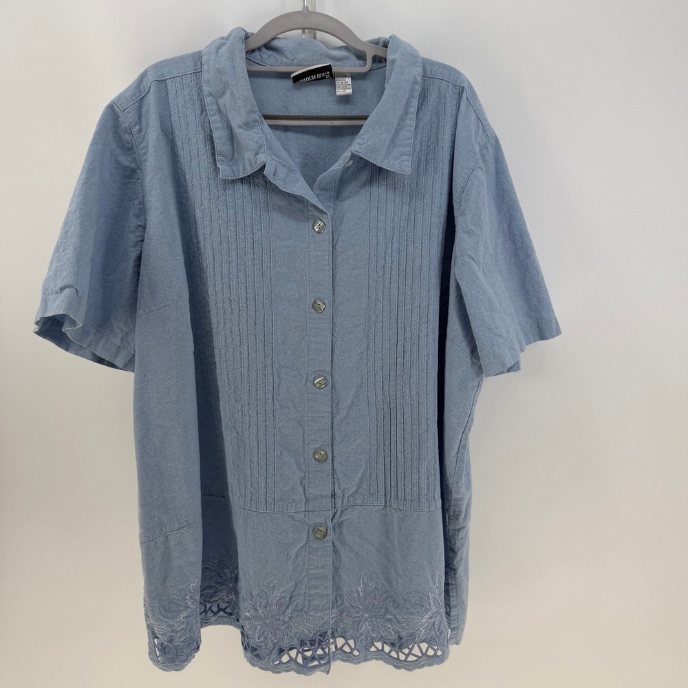 Fashion Bug Button Down Womens 26/28 Blue Embroidered Eyelet Cottagecore Boho